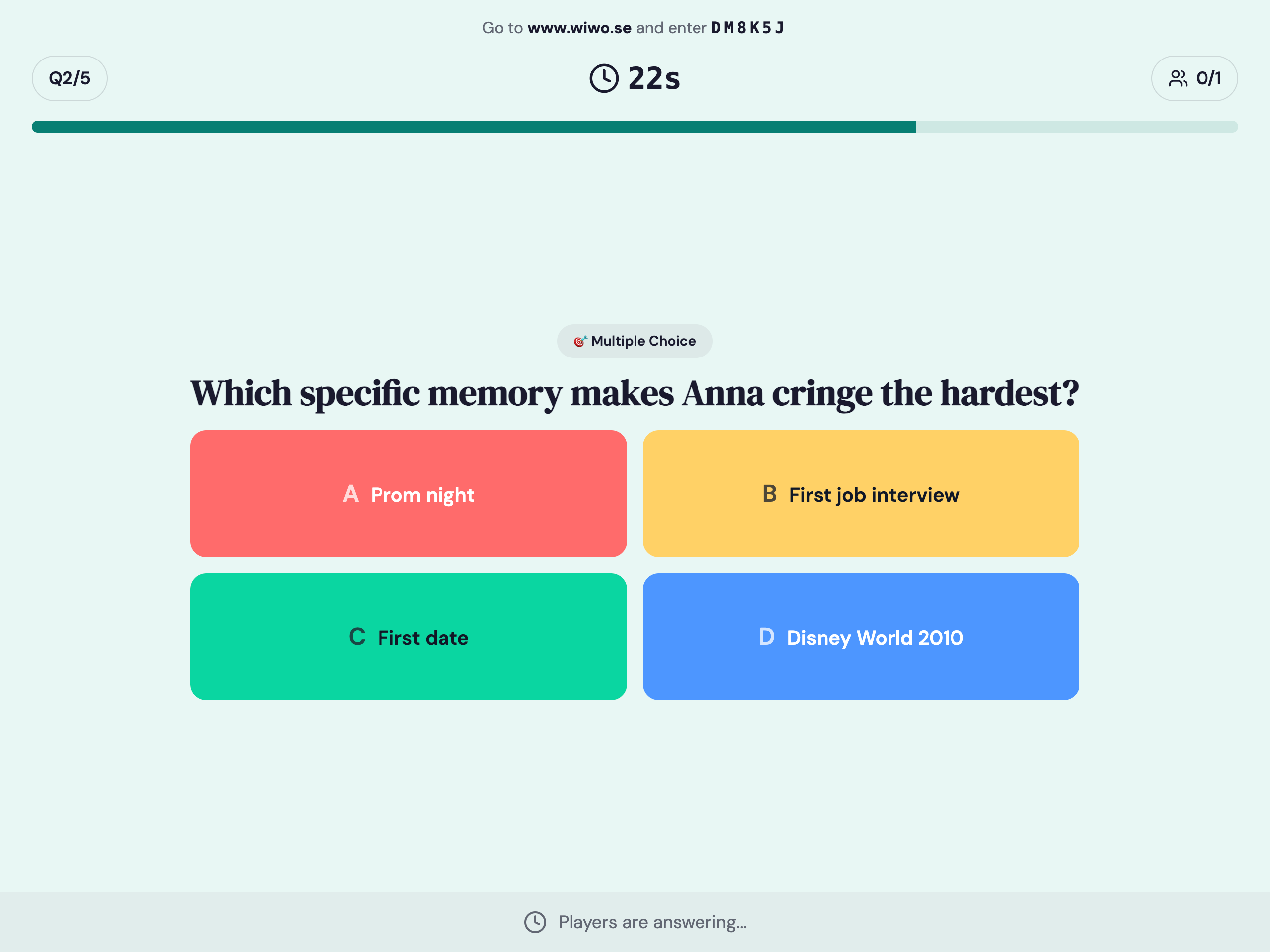 Multiple-choice party question shown in a light green quiz theme