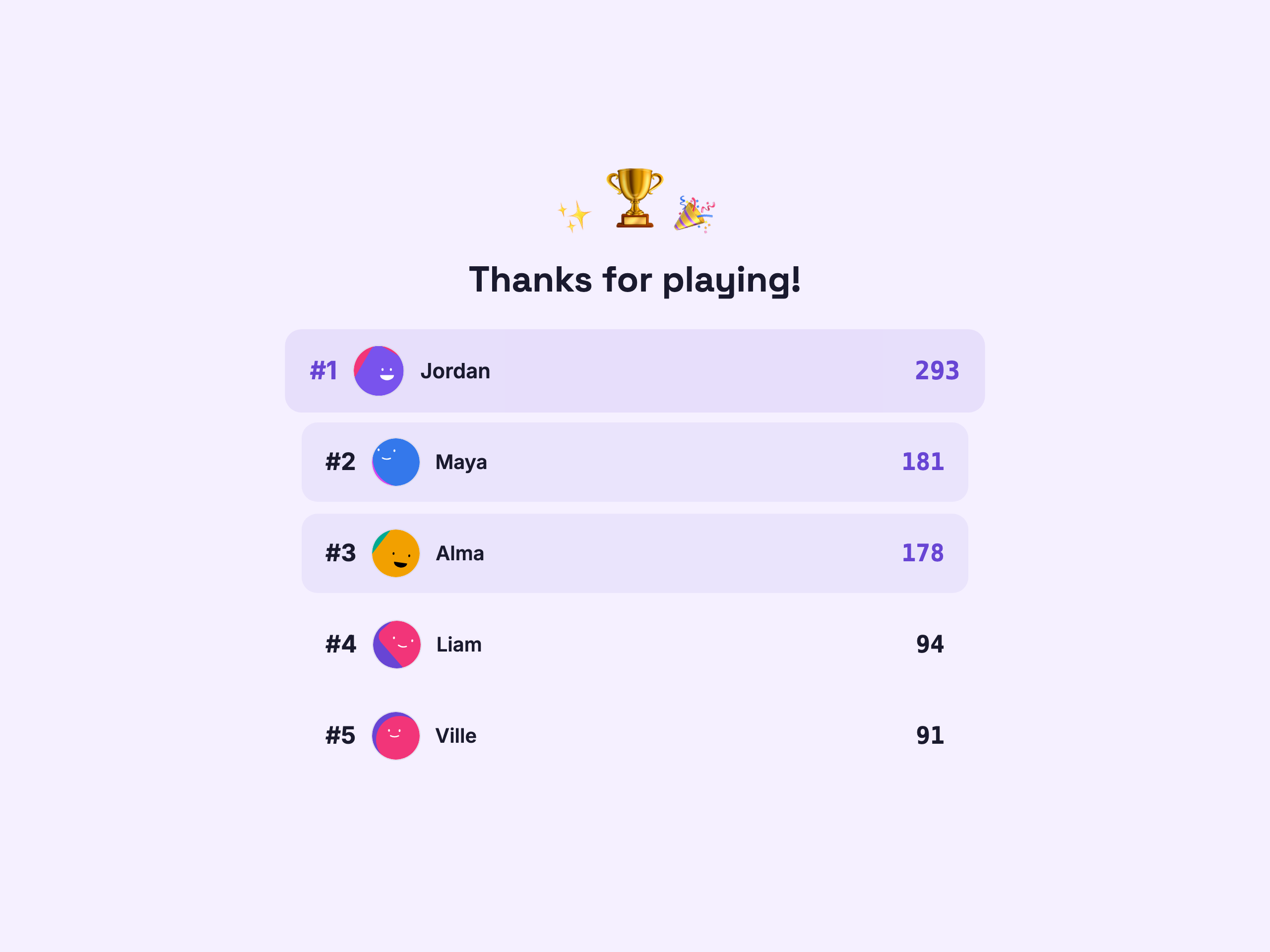 Live quiz leaderboard with player scores