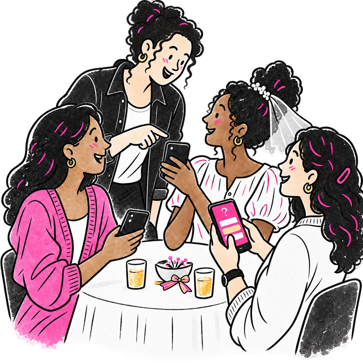 Friends playing a bachelorette party quiz together
