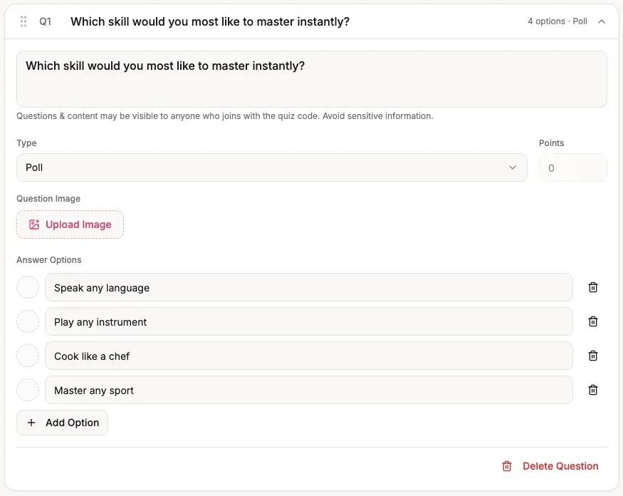 Poll question in the editor with four answer options and points set to zero