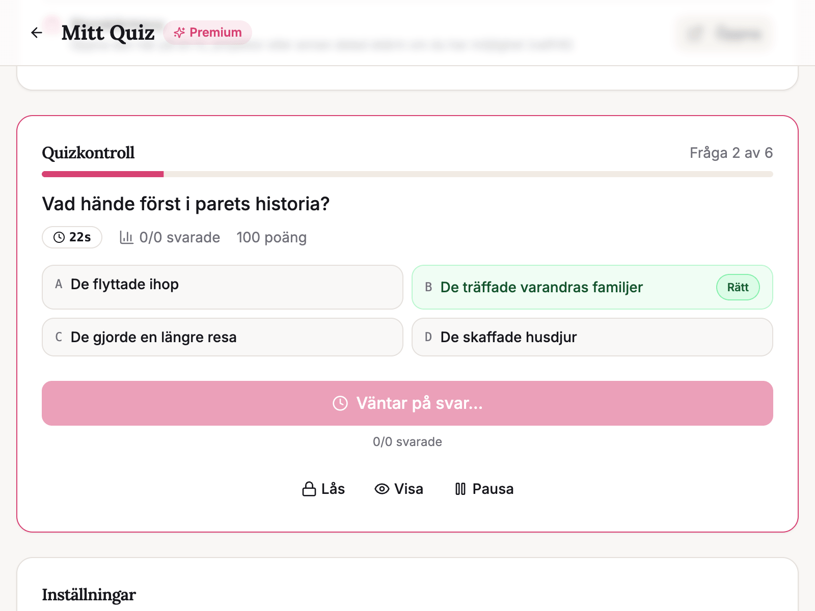 Quizgränssnitt på en mobilskärm