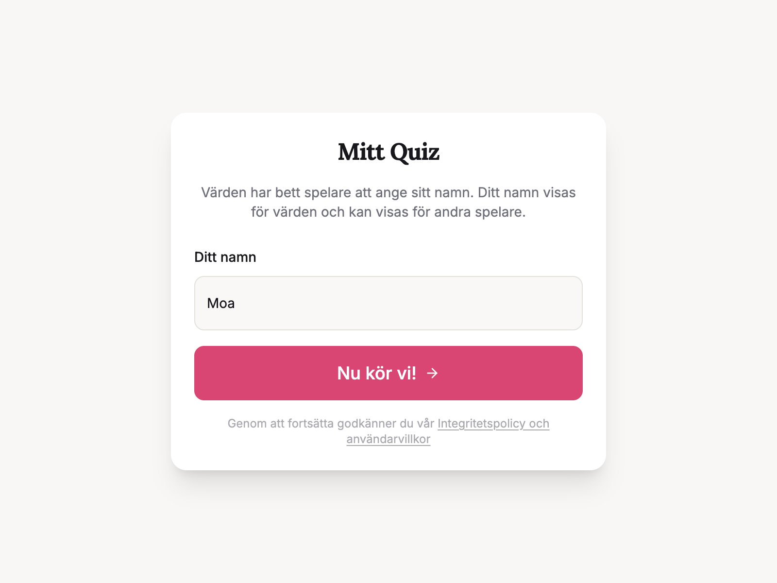 Skärm för att dela quizlänk
